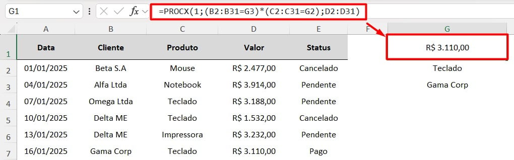 Resultado do PROCX com Matriz Lógica no Excel
