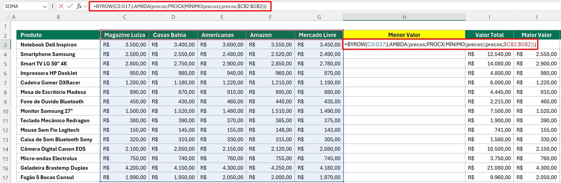 BYROW com LAMBDA e PROCX no Excel