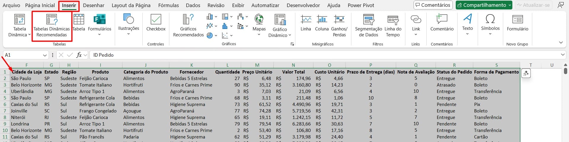 Tabela Dinâmica Recomendada no Excel