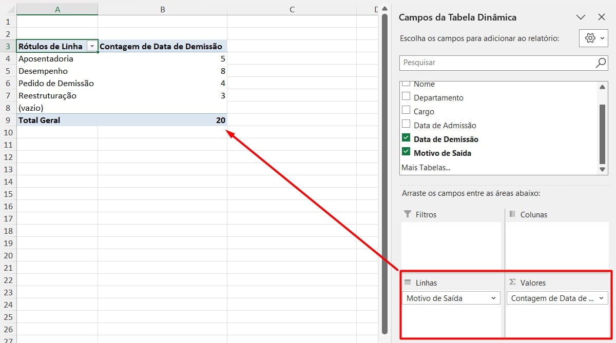 Total de Saídas de Acordo com Motivos no Excel