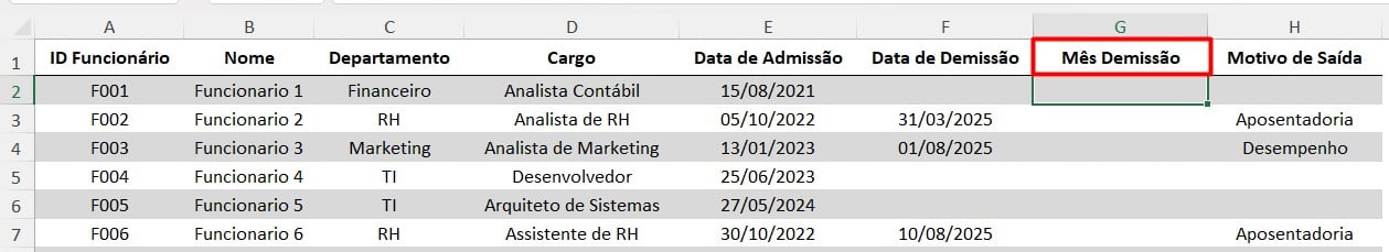 Criando Coluna de Mês de Demissão no Excel