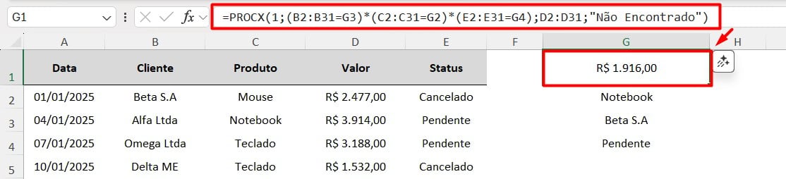 Resultado do PROCX com Matriz Lógica no Excel
