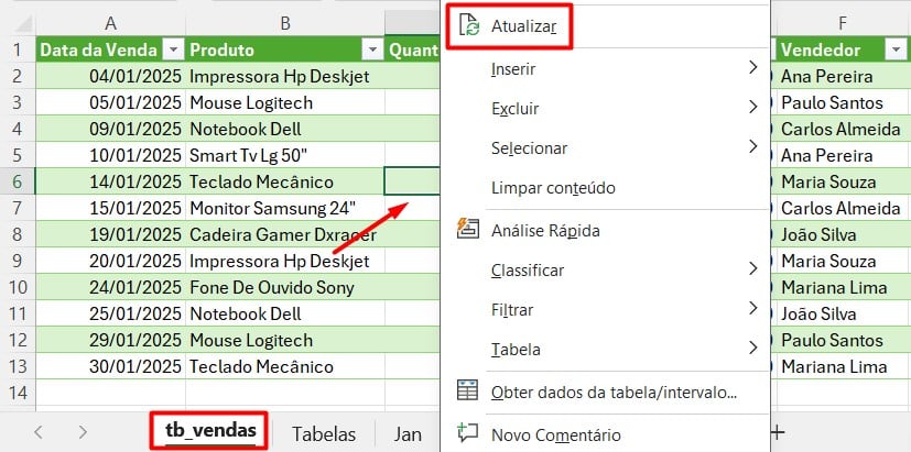 Atualizando Dados no Excel