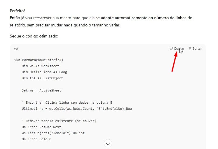 Copiando Código de Macro Corrigia no ChatGPT