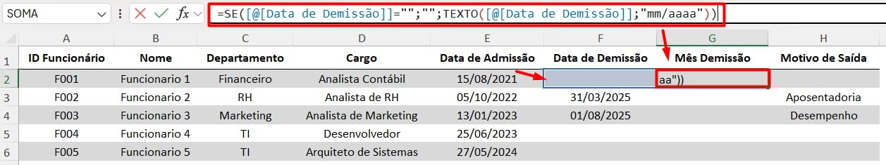 Extraindo Mês e Ano das Demissões no Excel