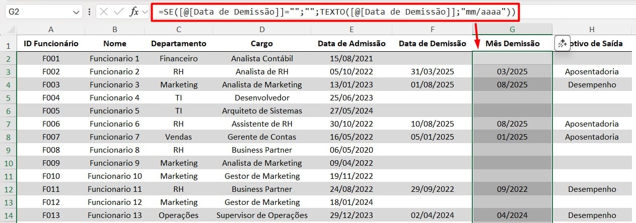 Extraindo Mês e Ano das Demissões no Excel