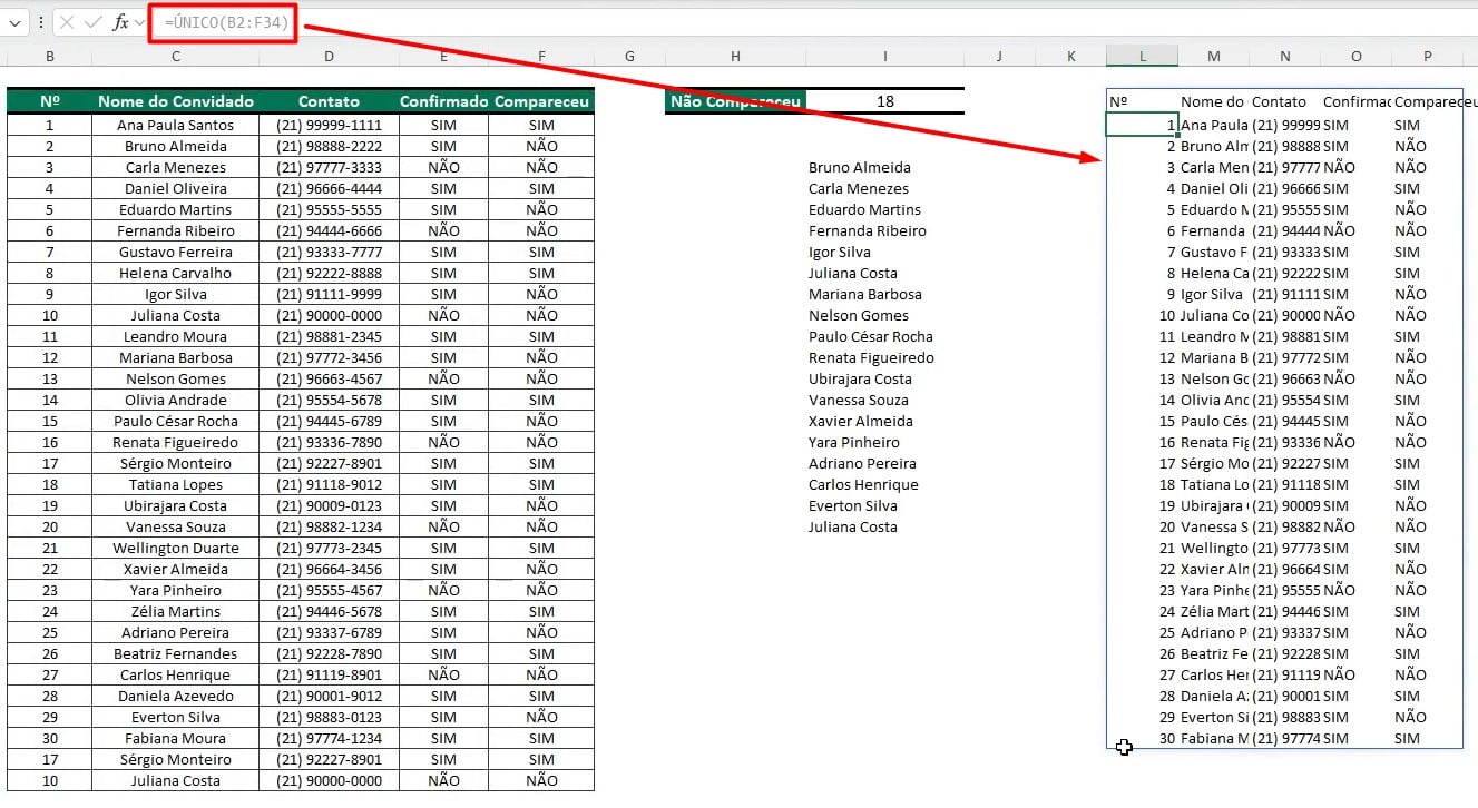 Função ÚNICO no Excel