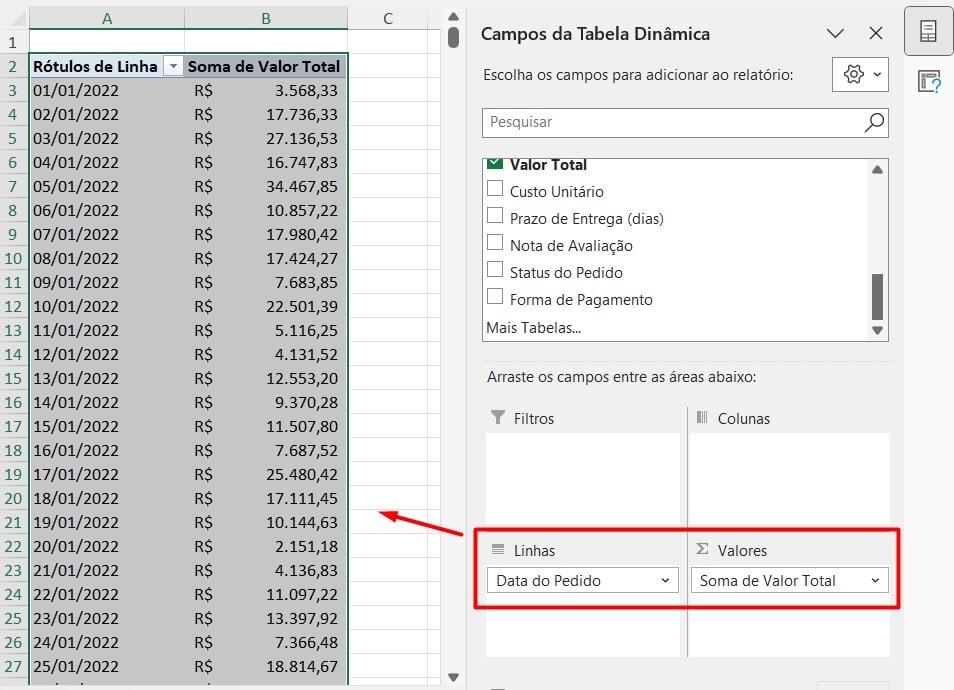 Tabela Dinâmica com o Total de Vendas por Mês no Excel
