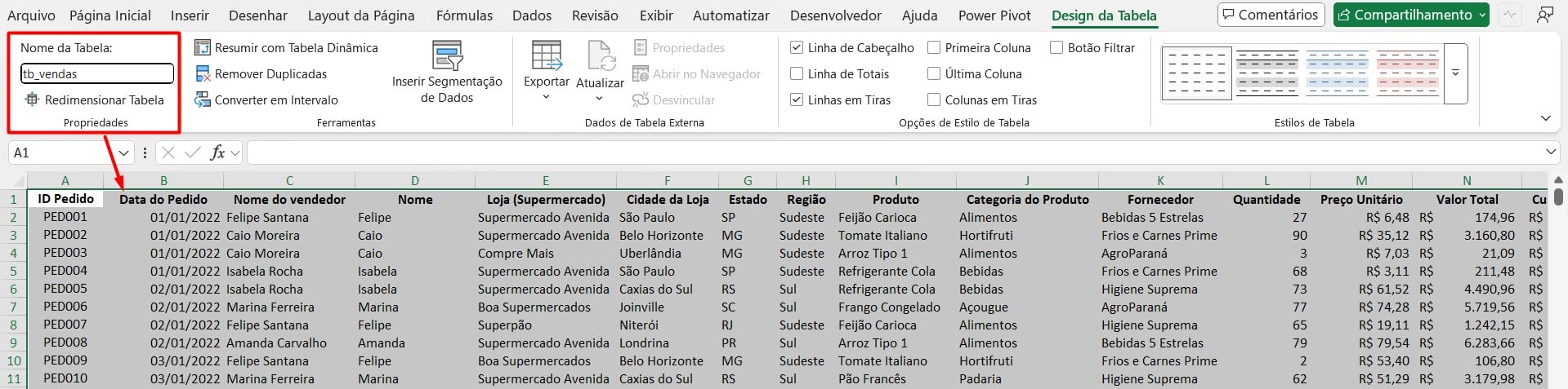 Base de Dados Formatada como Tabela no Excel