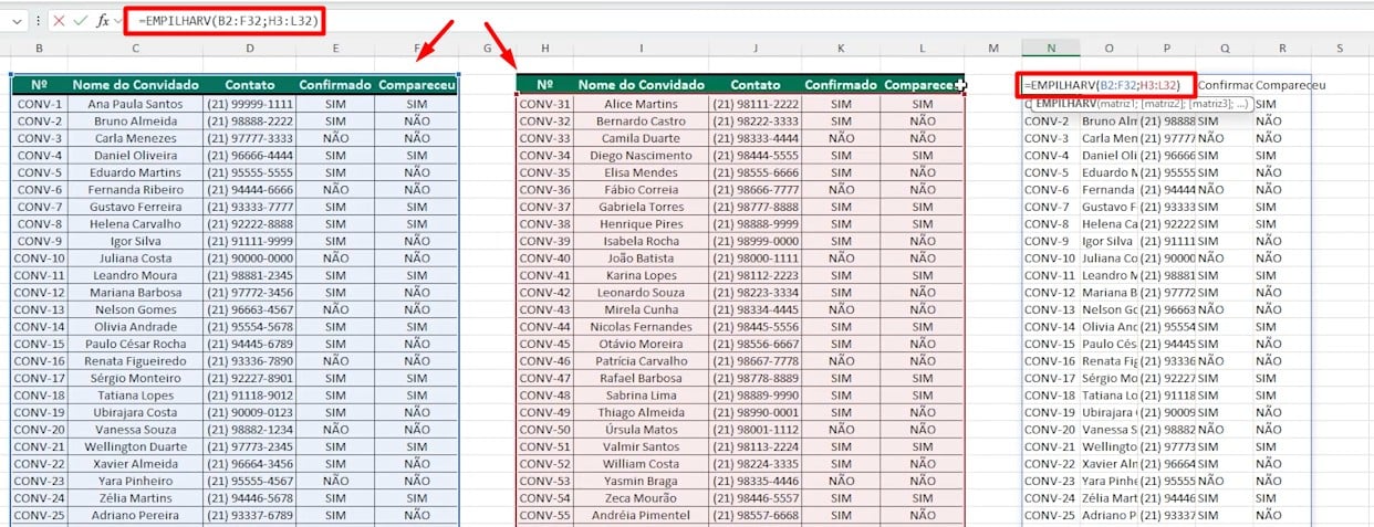 Função EMPILHARV no Excel