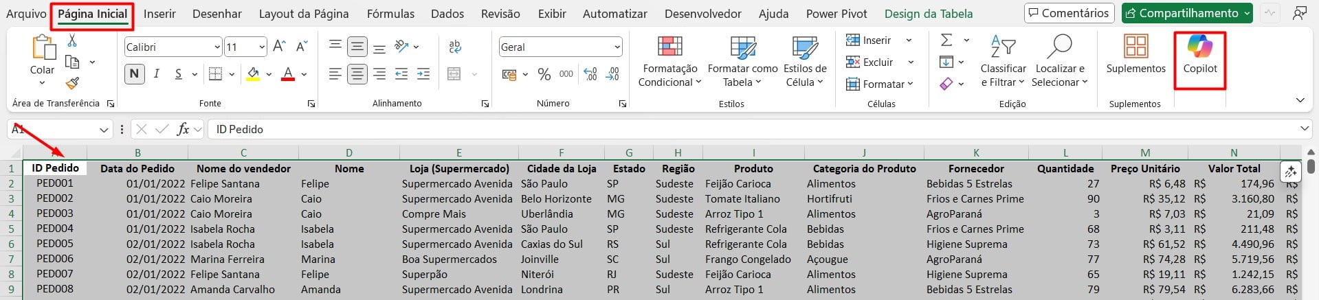 Acessando o Copilot no Excel