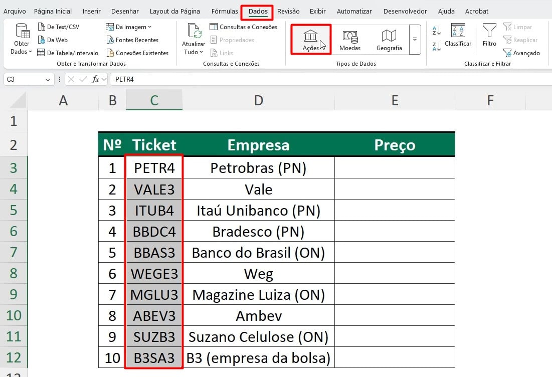 Convertendo Tickets em Ações no Excel