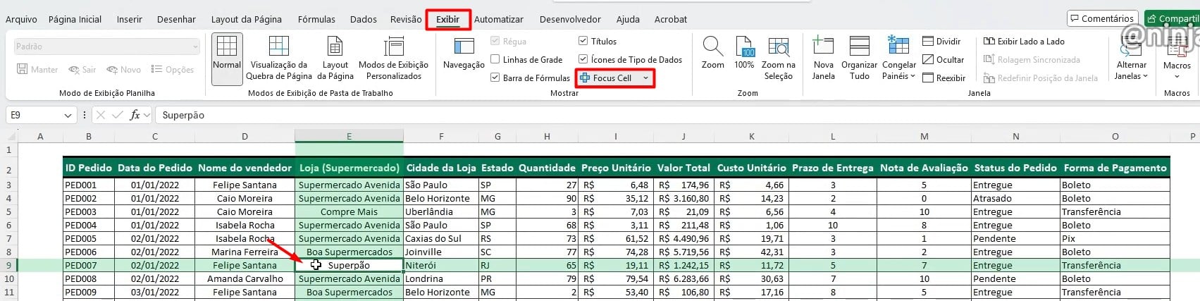 Focus Cell no Excel