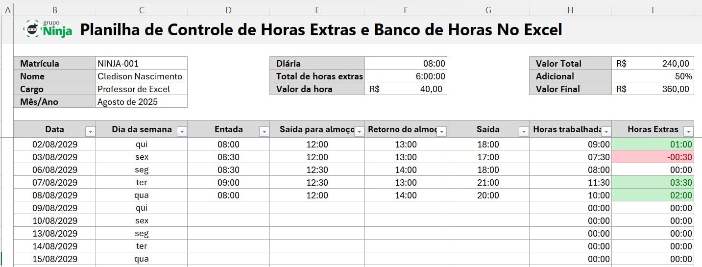 Modelo Funcional de Controle de Horas e Banco no Excel