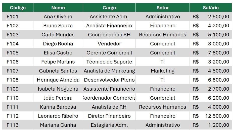 Base de Dados com o Registro dos Funcionários no Excel