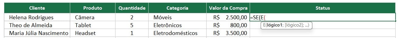 Função SE e E no Excel
