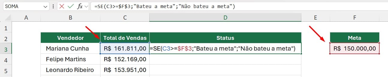 Função SE no Excel