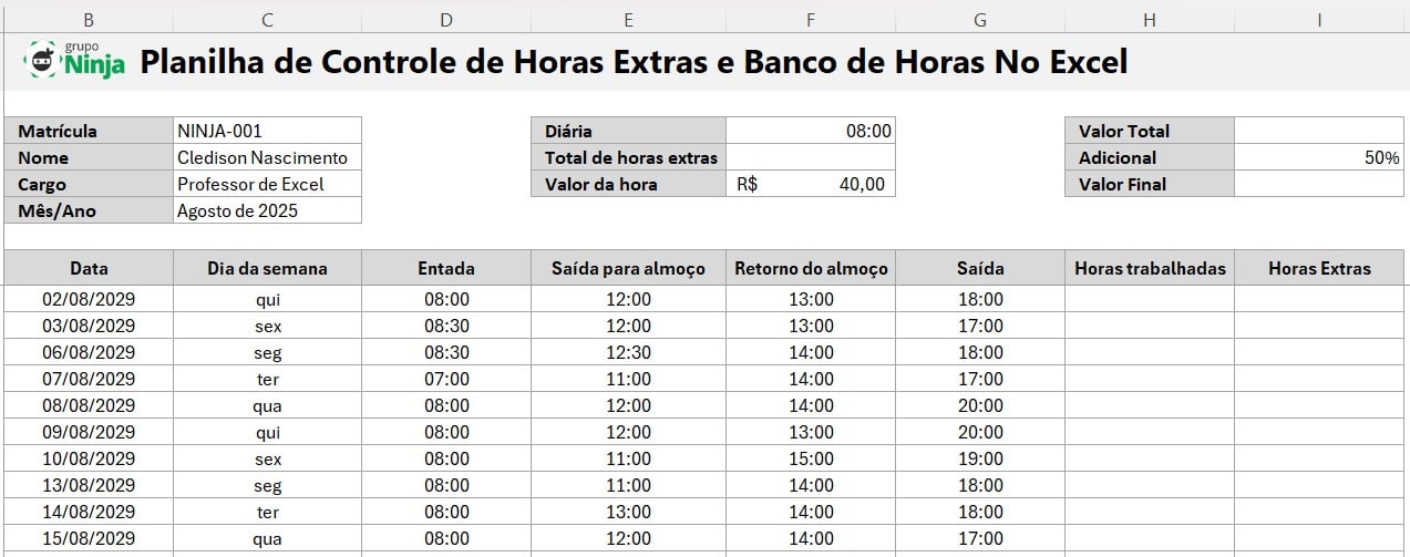 Tabela de Modelo para Controle de Horas e Banco no Excel