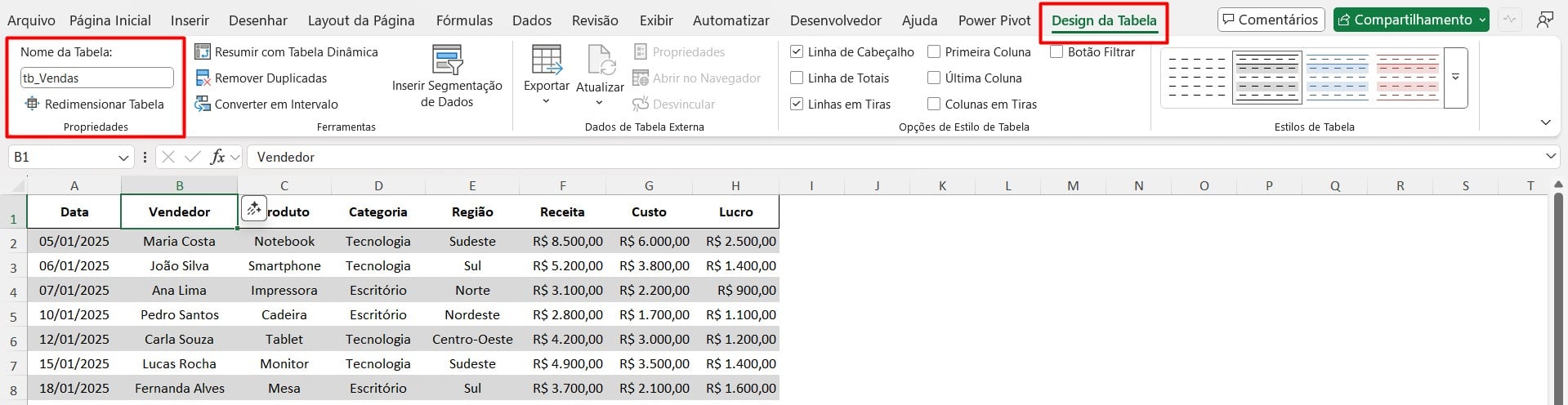 Tabela de Vendas Nomeada no Excel