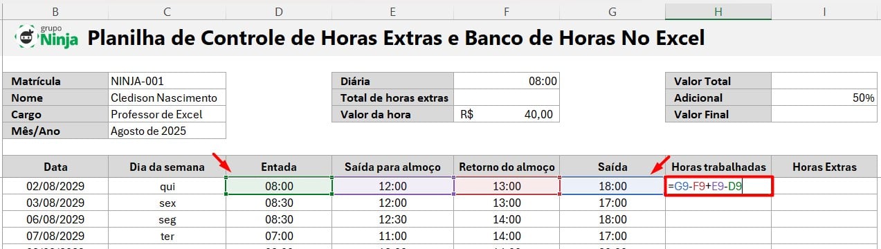 Cálculo de Horas Trabalhadas no Excel