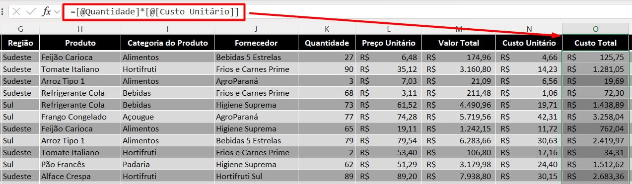 Cálculo do Custo Total no Excel