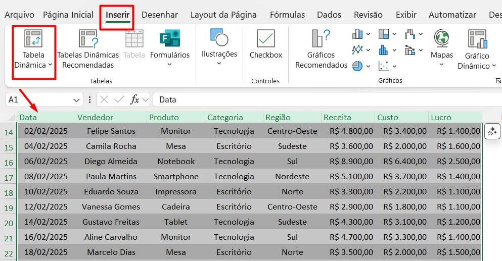 Criando Tabela Dinâmica no Excel