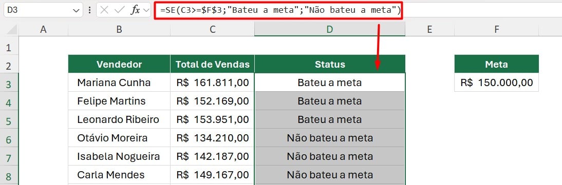 Função SE no Excel
