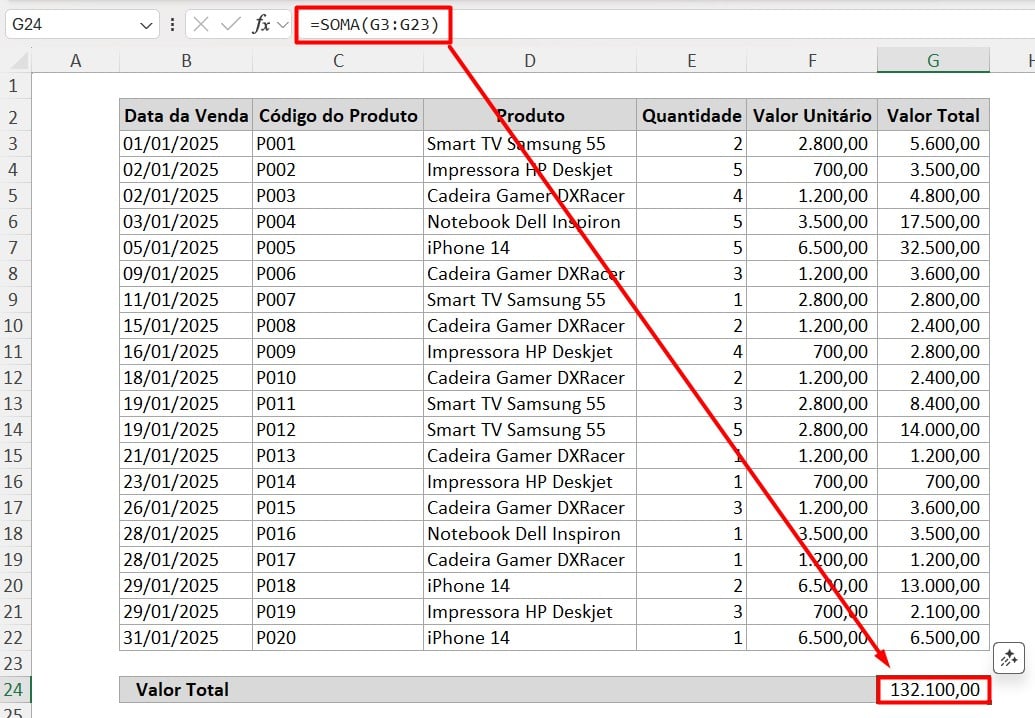 Função SOMA no Excel