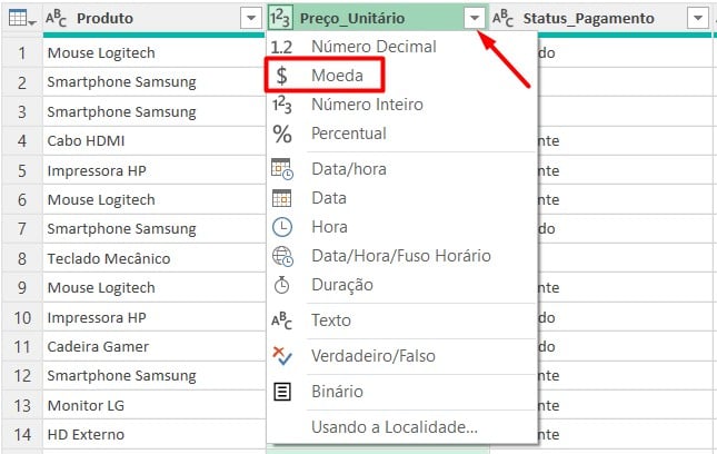 Alterando o Tipo da Coluna no Power Query