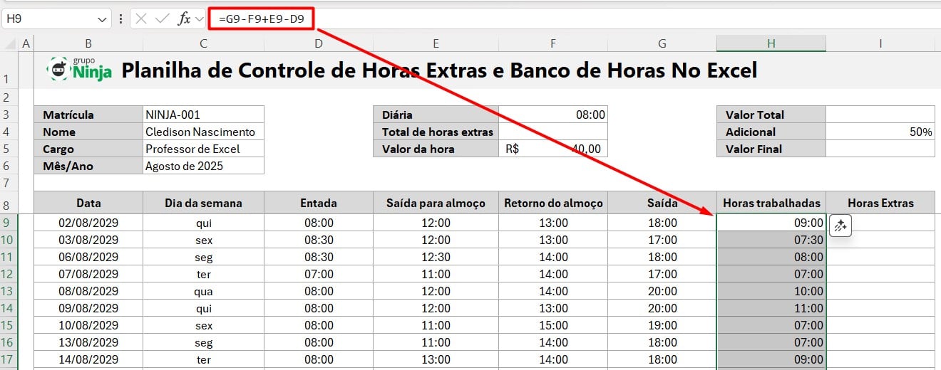 Cálculo de Horas Trabalhadas no Excel