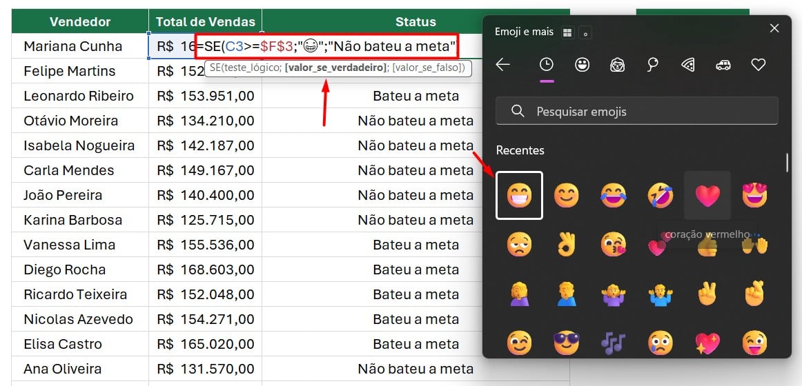 Colocando Emoji na Função SE no Excel