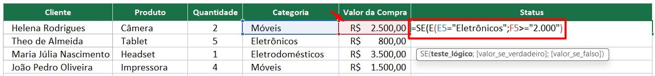 Função SE e E no Excel