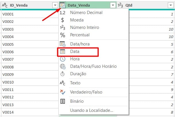Alterando o Tipo da Coluna no Power Query