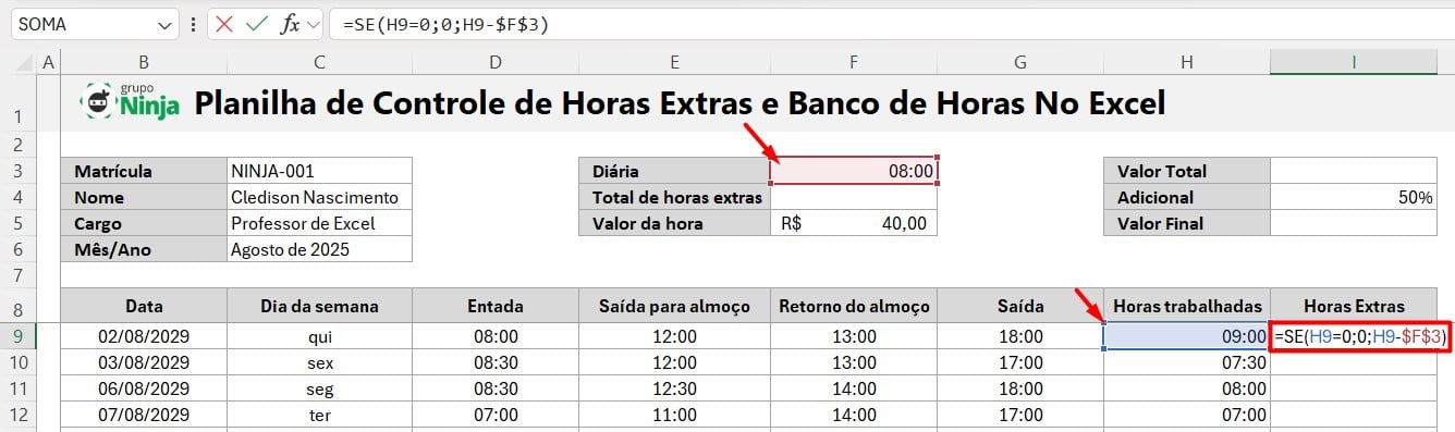 Cálculo de Horas Extras no Excel