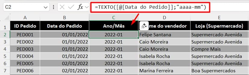 Extraindo Ano e Mês da Tabela de Vendas no Excel