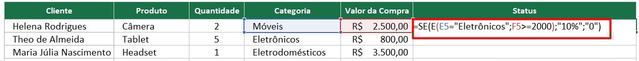 Função SE e E no Excel