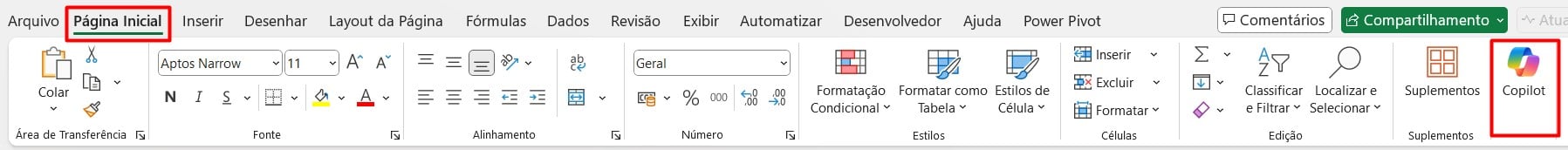 Acessando o Copilot no Excel
