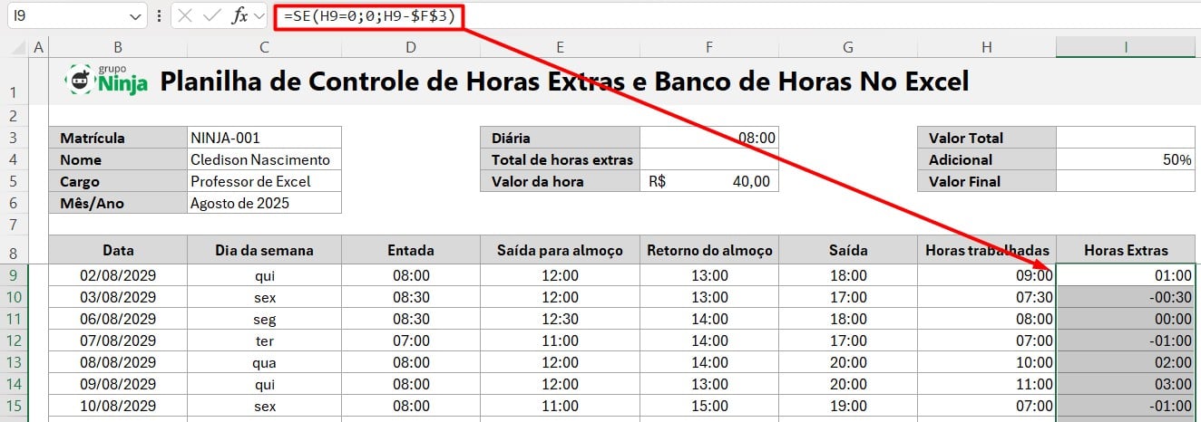 Cálculo de Horas Extras no Excel