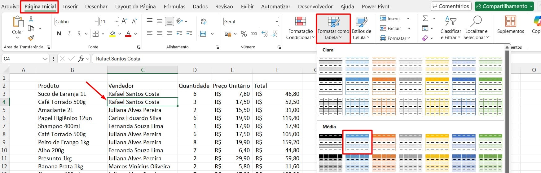 Formatando Dados Como Tabela no Excel