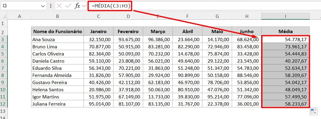 Função MÉDIA no Excel