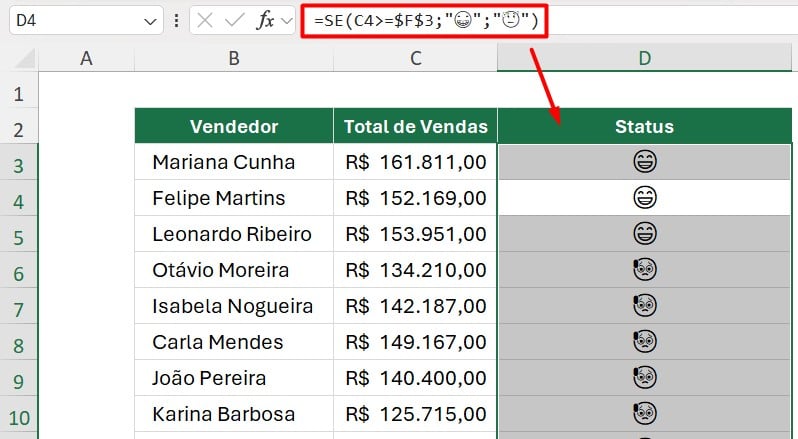 Função SE com Emoji no Excel