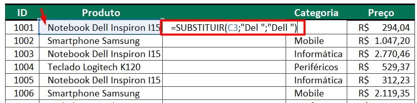 Função SUBSTITUIR no Excel
