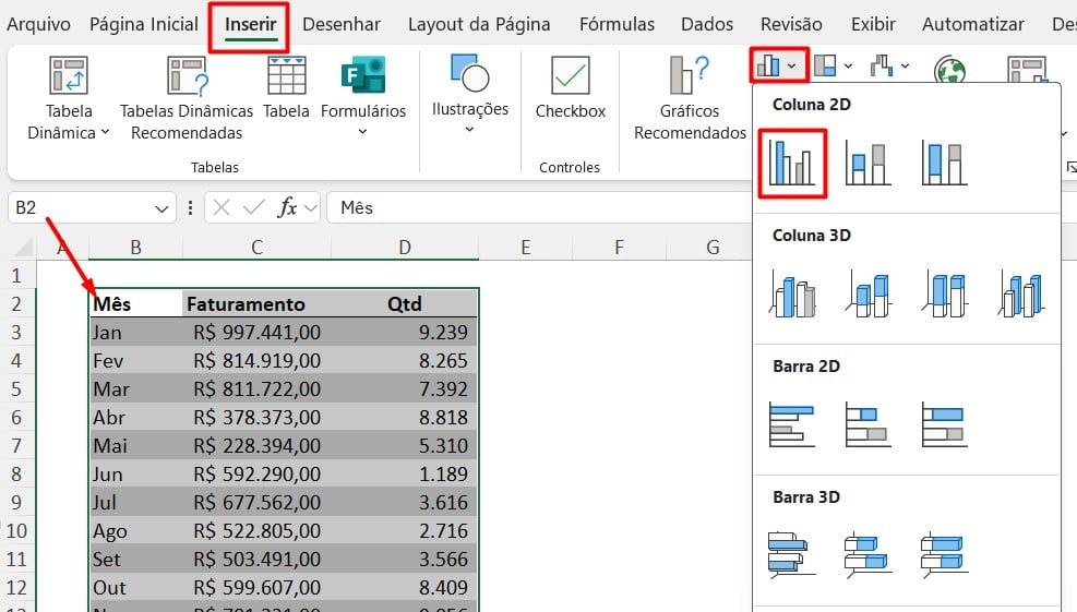 Inserindo Gráfico de Colunas no Excel