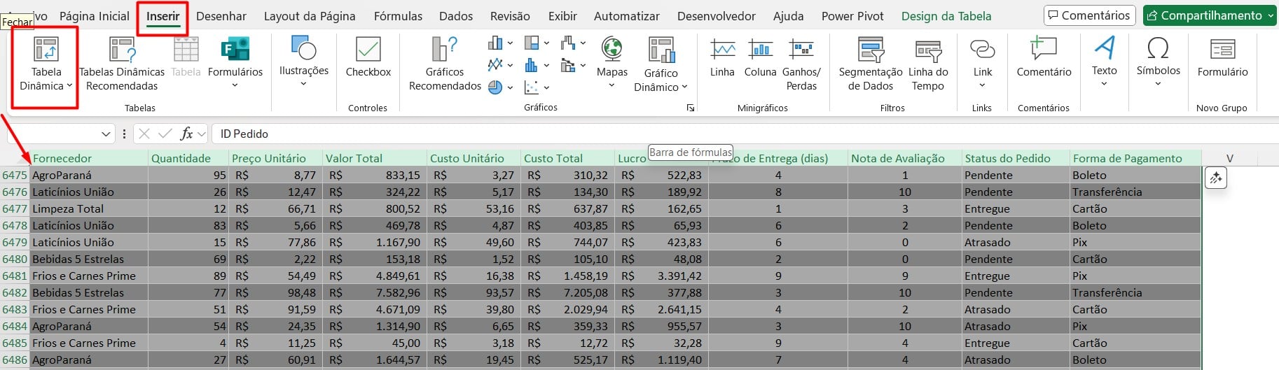 Inserindo Tabela Dinâmica no Excel