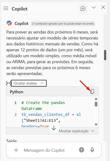 Resultado de Prompt Enviado ao Copilot no Excel