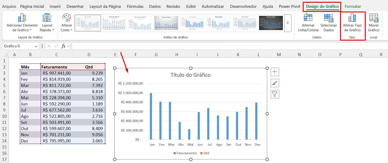 Alterando Tipo de Gráfico no Excel