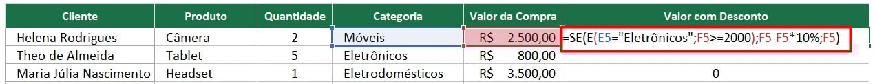 Função SE e E no Excel