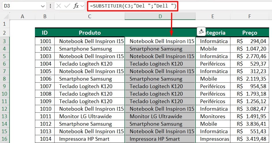 Função SUBSTITUIR no Excel