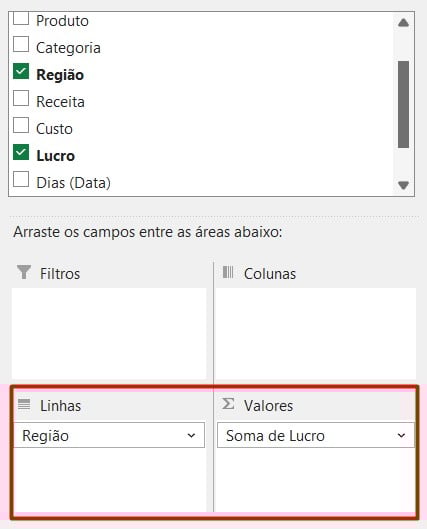 Lucro por Região no Excel