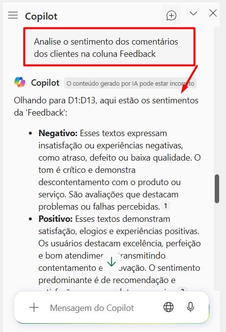 Resultado de Prompt Enviado ao Copilot no Excel